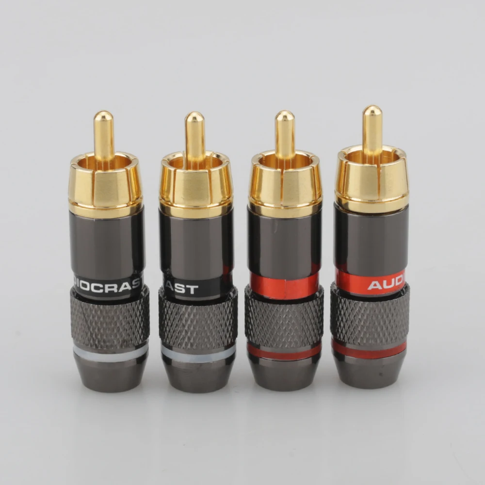 4PCS Audiocrast R010 Hifi 8Pcs RCA Plugs Gold Plated 6mm Male Double Self-Locking Lotus Wire Connectors Audio Adapter