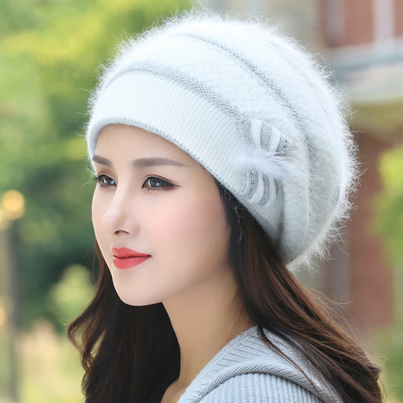 Angora Beret Women Winter Hat Knit Beanie Autumn Warm Flower Rhinestone Thick Double Layers Skiing Outdoor Accessory For Lady