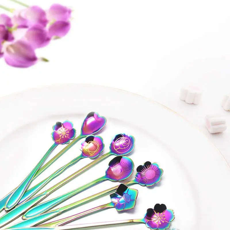 

8Pcs Flower Spoon Set, 2 Different Size Colorful Stainless Steel Teaspoons Rainbow Coffee Stirring Spoon