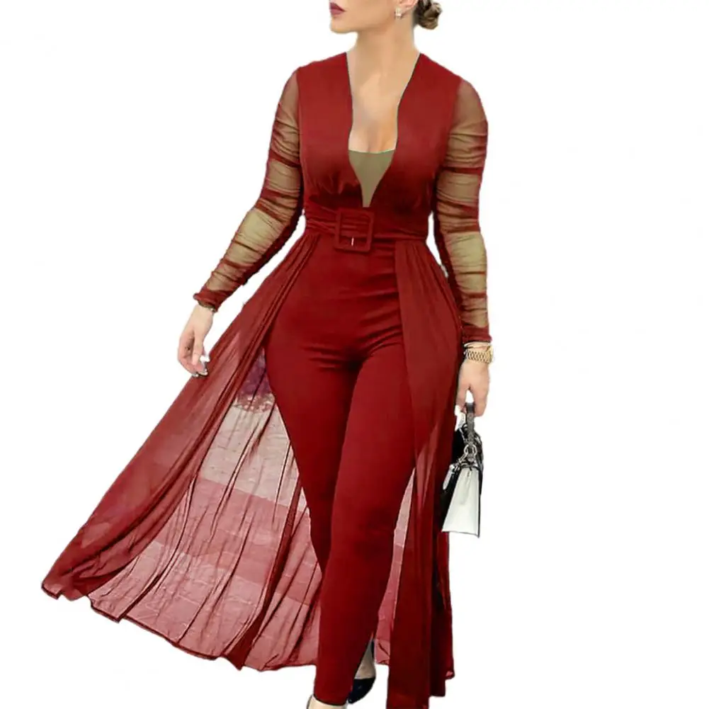 Jumpsuit Solid Color Skinny Playsuit Women Long Sleeve Sheer Patchwork Waist Tight Belt Overall for Party