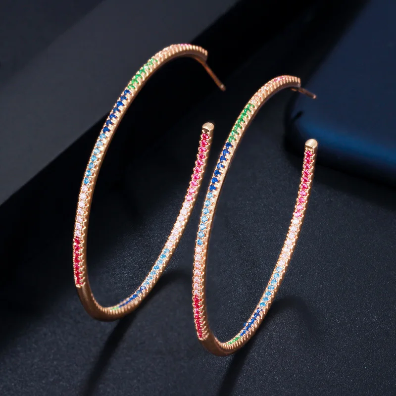 CWWZircons Gorgeous Thin MultiColor Cubic Zirconia Crystal Large Gold Color Loop Hoop Earrings for Women Jewelry Gift CZ576