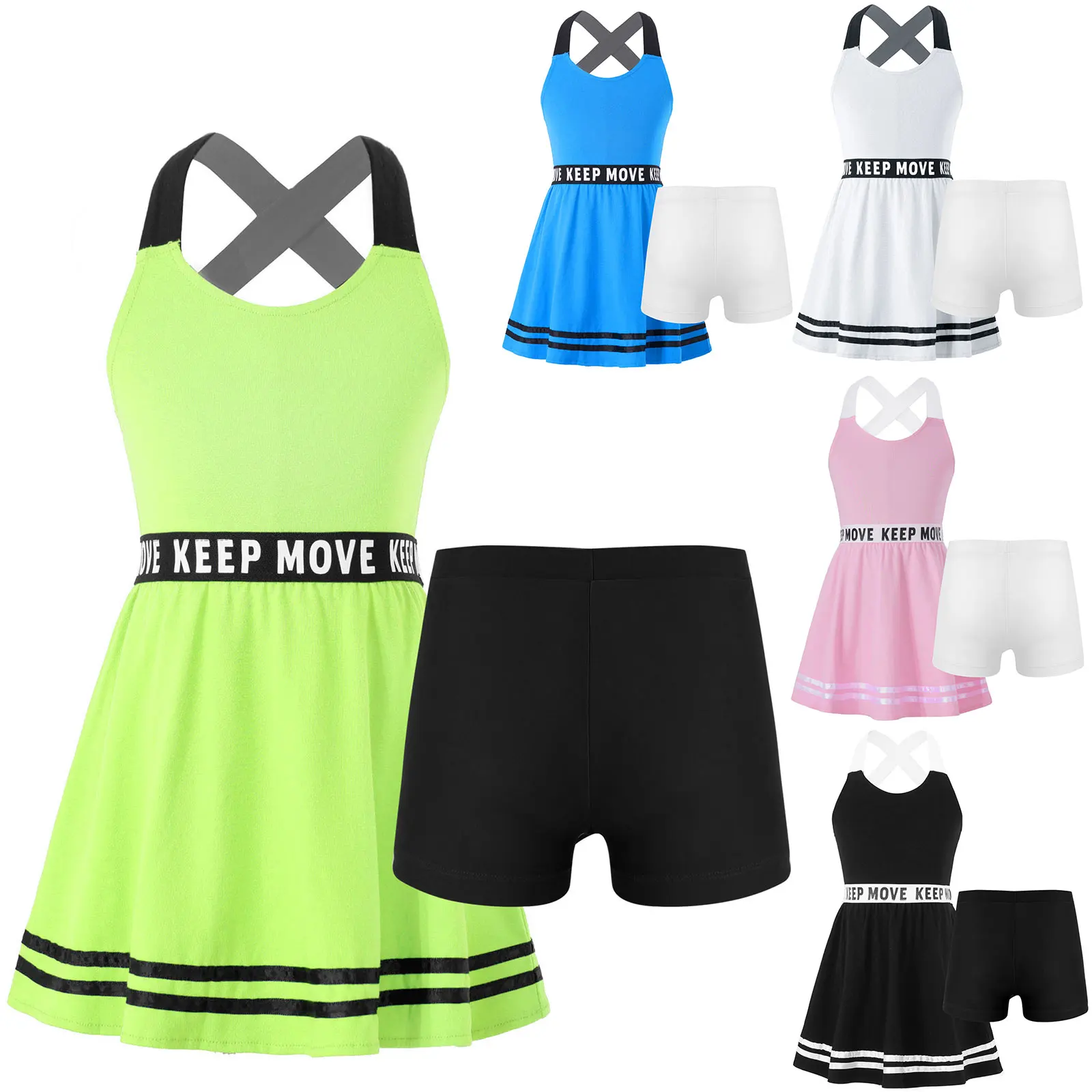 Kids Girls Tennis Dress with Shorts Set Golf Badminton Sports Dress Skirts Summer Sleeveless Pleated A-line Dress Sport Suit