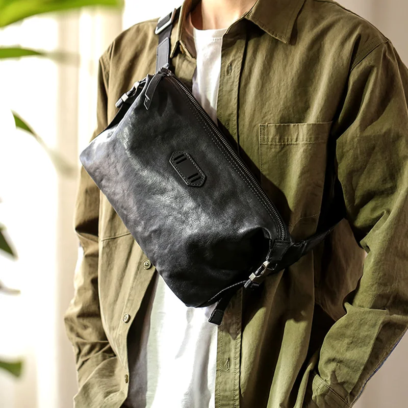 AETOO-Bolso de pecho de cuero para hombre, bolsa de hombro de piel de vaca, estilo retro, simple, curtido, vegetal, informal, estilo japonés