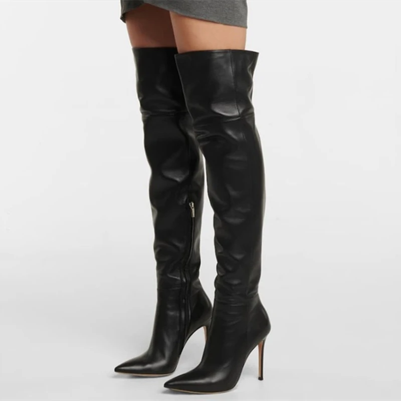 Black Pointy Toe Over Knee High Boots Concise Women's High Heel Fashion Boots Long Thigh High Zipper Customized Big Size 48