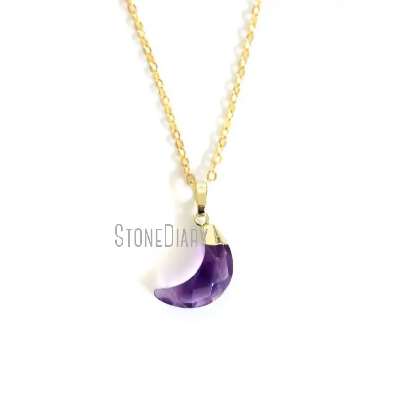 NM14615 10Pcs Latest Dog Tooth Amethysts Chains Necklaces Gold Plating Faceted Moon Chains Necklaces Clearance 16inch-20inch