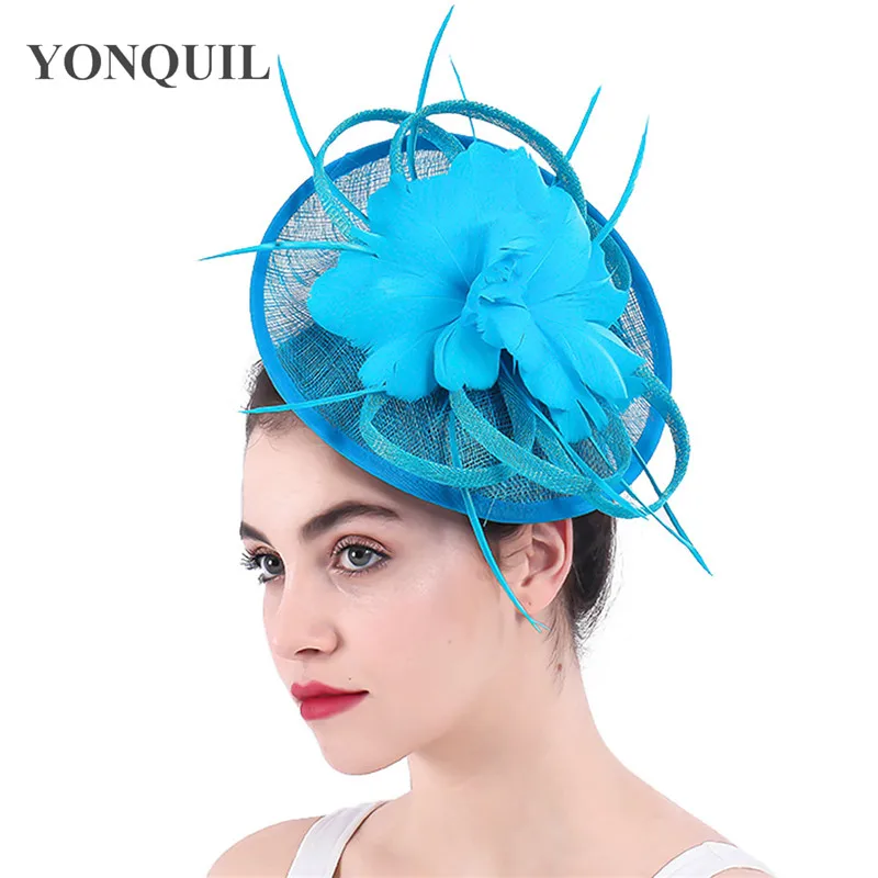 Turquoise Sinamay Bride Wedding Fascinator Hats Elegant Women Fashion Chapeau Cap Derby Hat For Bridal Mariage Party Headwear