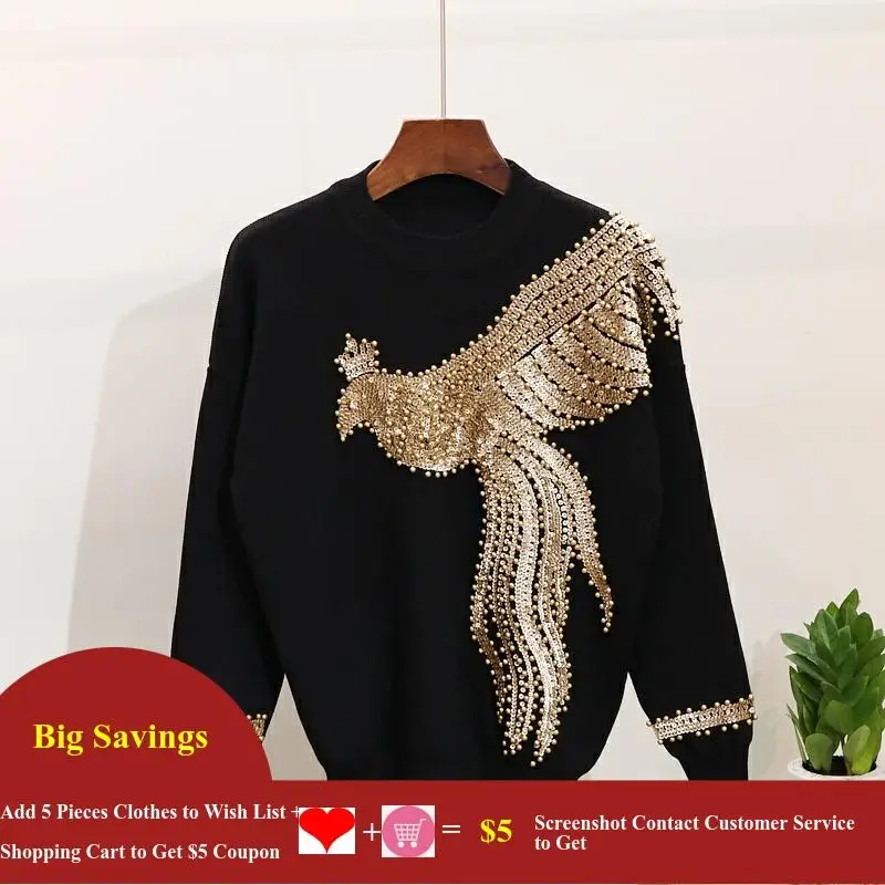 2-Piece Set of Knitted Trousers and Pant for Women Phoenix Pearls Sequined Outfit  Casual Sports Jumper Sweater and Track Sui