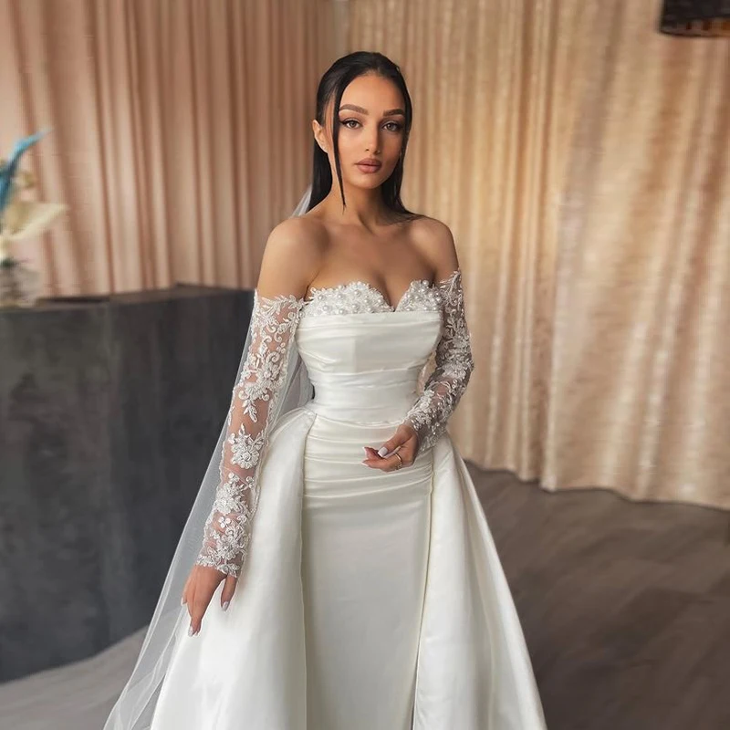 Gorgeous Pretty Wedding Dresses Strapless Lace Long Sleeves Beading Floor Length Women Elegant  Bridal Gowns Custom Made