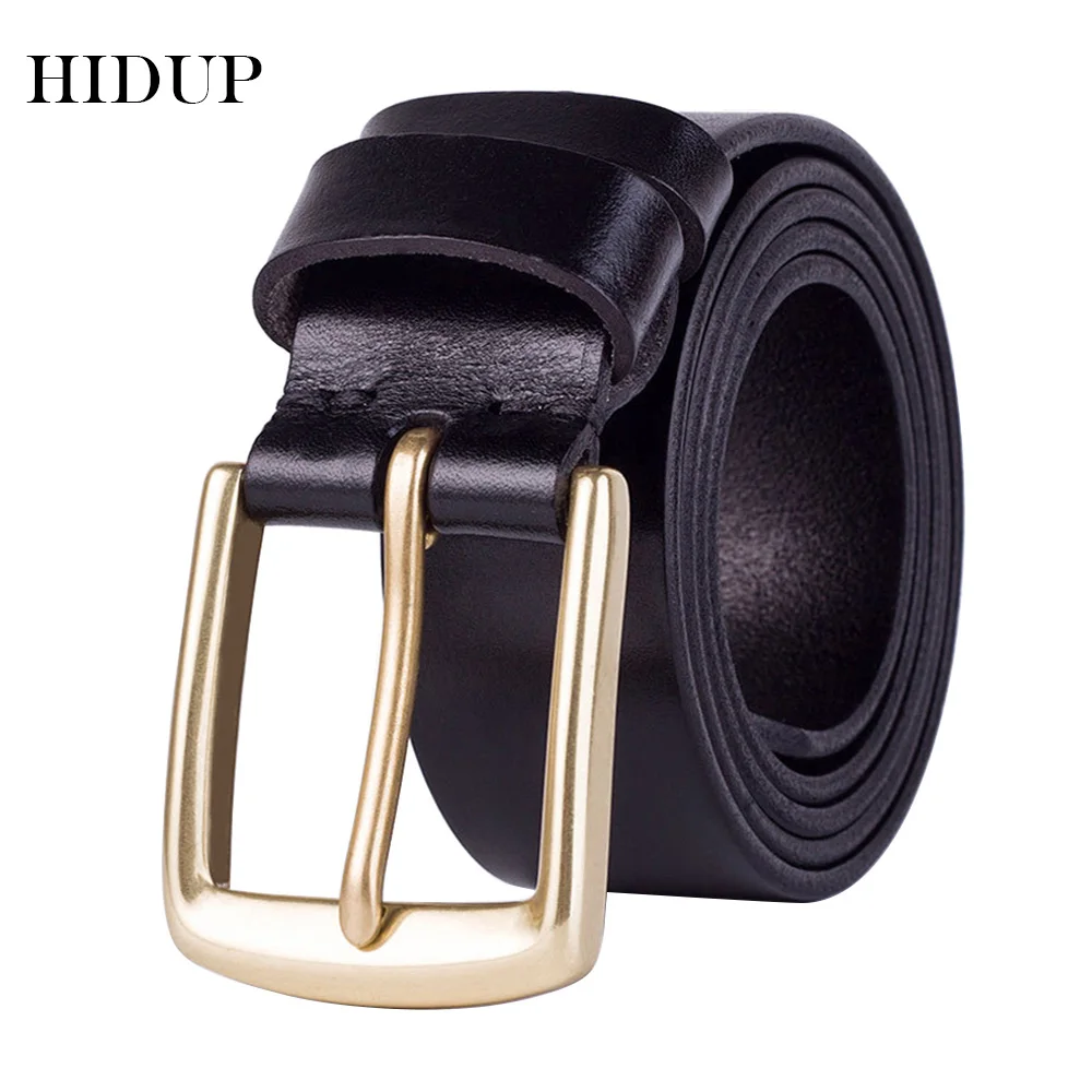 HIDUP Top Quality 100% Pure Solid Cow Cowhide Leather Belt Copper Pin Buckle Metal Belts Men Retro Style Jean Accessories NWJ122