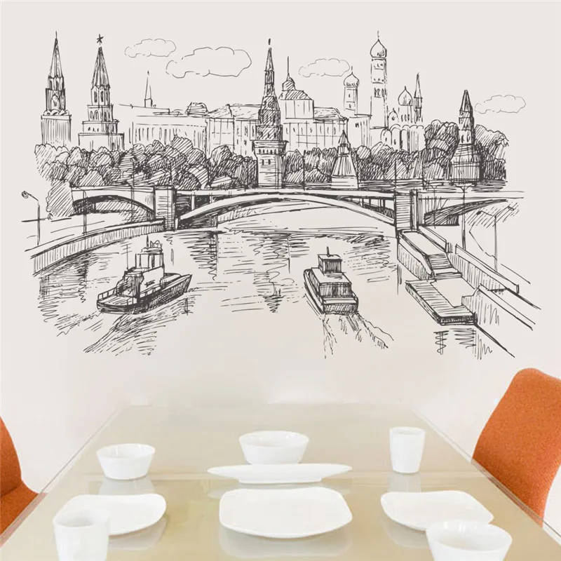 Sketch Style Kremlin Moscow River Scenery Wall Stickers For Home Decoration Landscape Wall Mural Art Diy Pvc Wall Decals