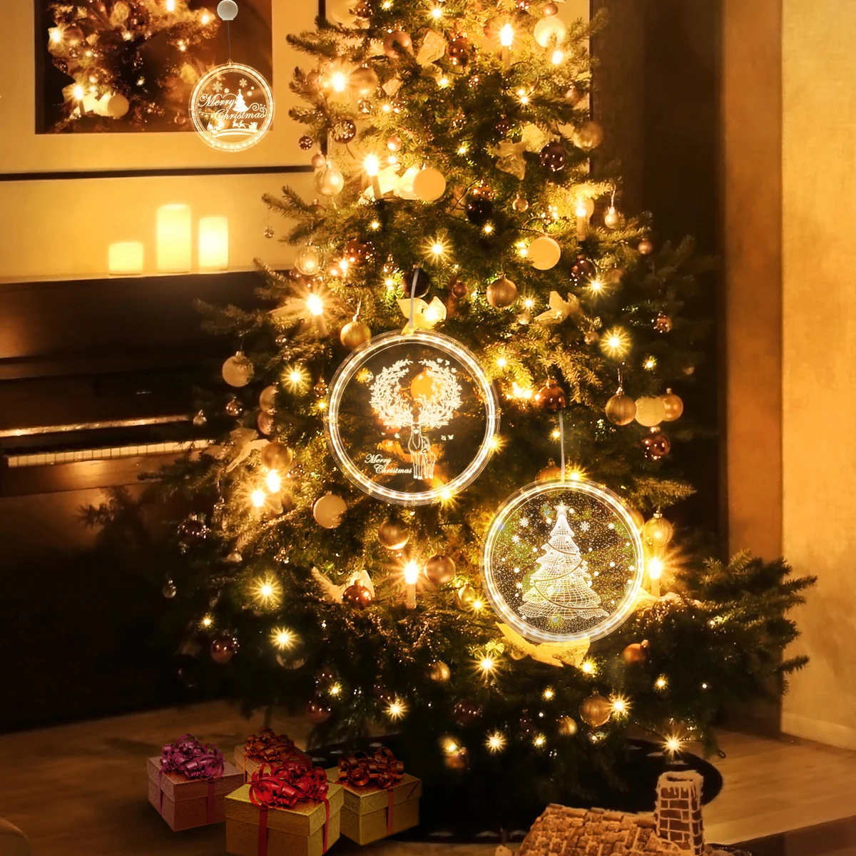 Christmas Decorations LED Light Window 3D Santa Claus Christmas Tree Hanging Lamp Home Indoor Room Decor Holiday Lights luces