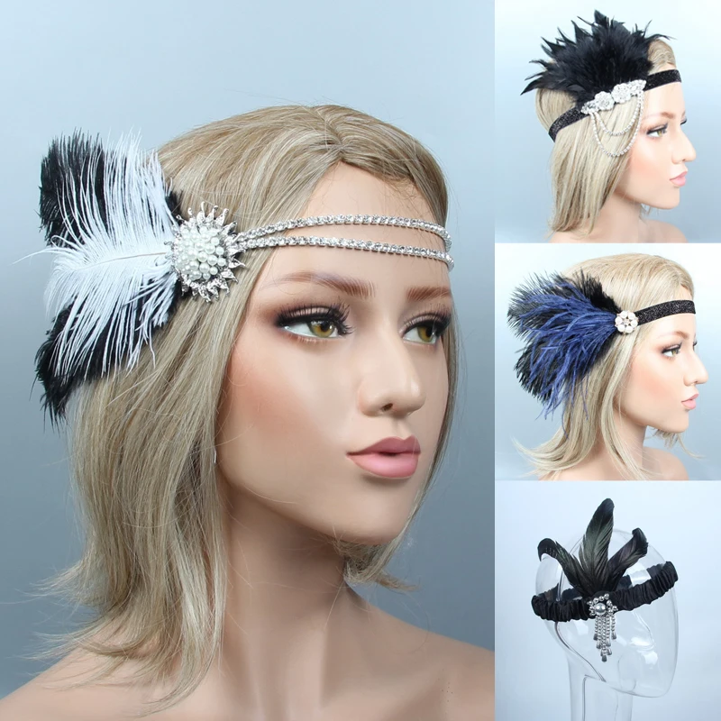 Hair Accessories For Women Girls Black Headband Rhinestone Sequin Vintage Party Headpiece Beaded Flapper Hair Feather Headband