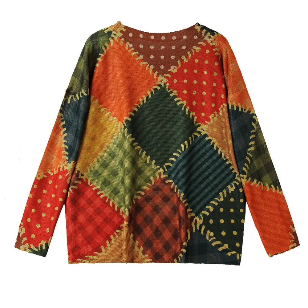 Nice Long Sleeve Patchwork Green Orange Retro Vintage Knitted Oversized Woman Sweaters Winter Clothes Streetwear Gothic Shirt