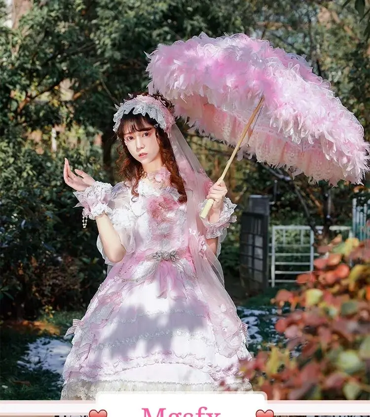 Pink white feather Princess umbrella fairy lace stage performance Photo Wedding photography props