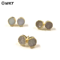 WT-E271 Natural Druzy Agate Stone Round Shape Gold Plated Earrings For Friends Jewelry Gift