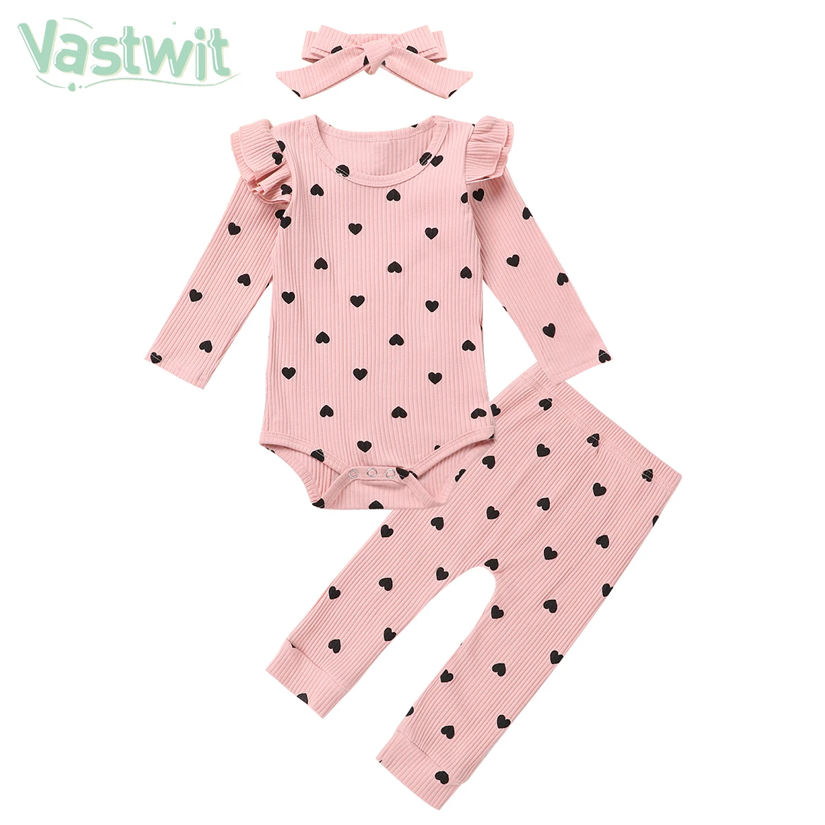 

Autumn Newborn Baby Girls Boys Ribbed Suit Heart Print Round Neck Ruffle Long Sleeve Romper Tops Pants Bowknot Headband Set