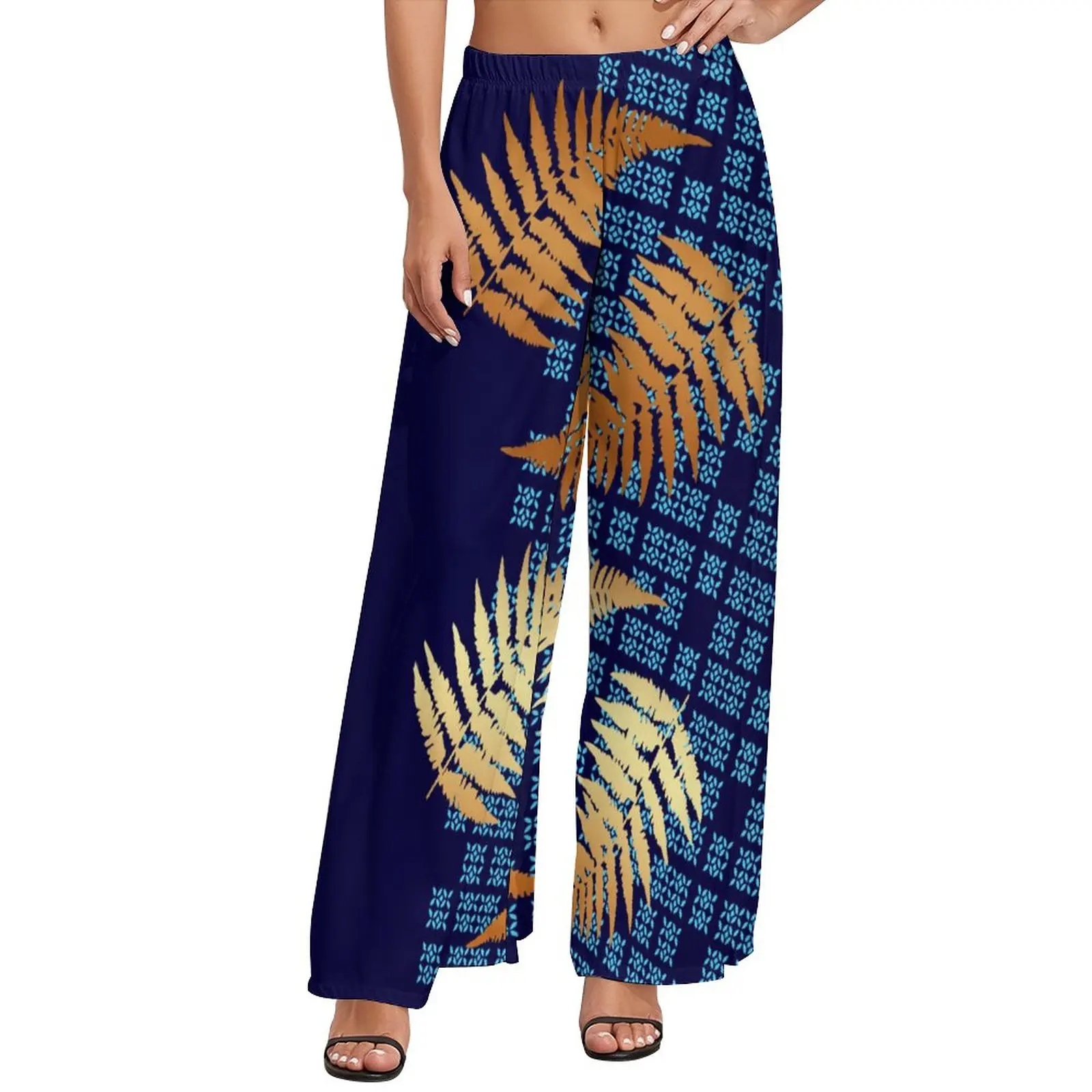 

Best Selling Blue Background With Feather Prints Women's Breathable Mature Cropped Pants Custom Lady Avant-Garde Wide Leg Pant