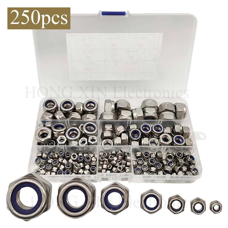 

250Pcs 304 Stainless Steel Metric Lock Nut Assortment Kit for Lock Washers, Nylon Insert Locknut M3 M4 M5 M6 M8 M10 M12