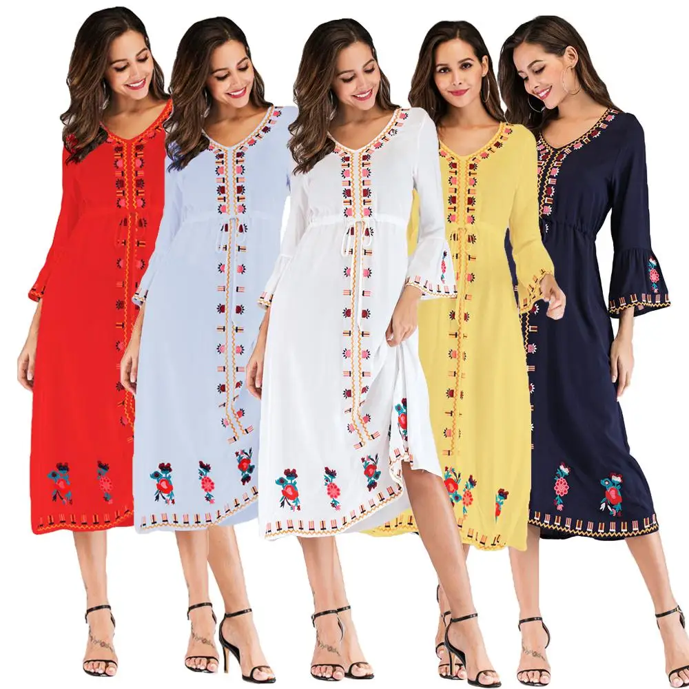 

Fashion Ukrainian Women Embroidered Dress Vyshyvanka Boho V-Neck Ethnic Summer Cocktail Vintage Flare Sleeve Mid-Calf Sleeve