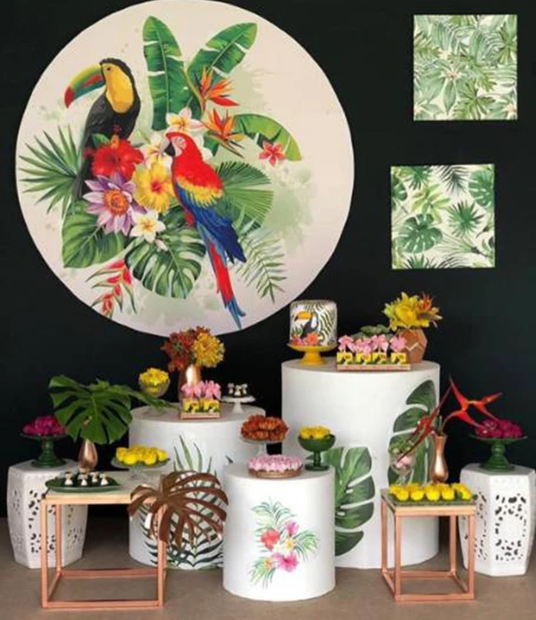 

Round Panel circle background Tropical summer parrot toucan palm leaves flowers Birthday party decor candy dessert table banner