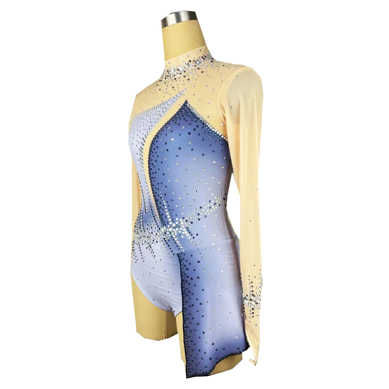 Robe bleue de patinage artistique à manches longues, jupe de patinage de glace en Spandex