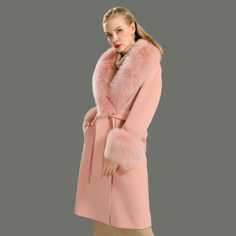 Jxwatcher Wool Coat Women Pied De Poule Natural Fox Fur Collar Cashmere Wool Blends Long Outerwear Ladies Streetwear Hot Selling