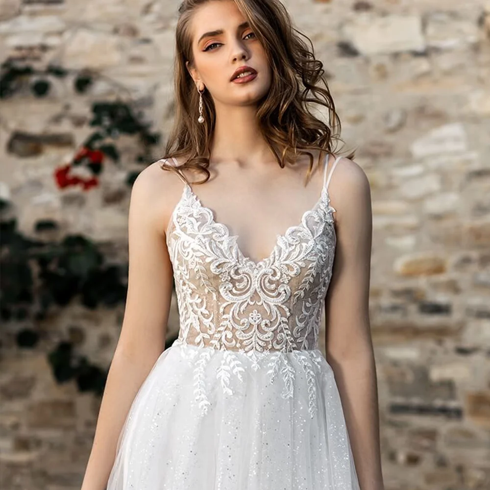 Spalline scintillanti in Tulle abiti da sposa a fessura alta nappe perline di lusso senza schienale abiti da sposa in pizzo con fotografia di grandi dimensioni