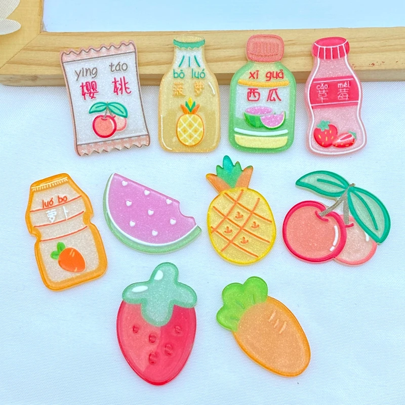 10Pcs New Cute Acrylic Fruit Beverage Series Flat Back Cabochon Scrapbooking Hair Bow Center Embellishments DIY Accessories