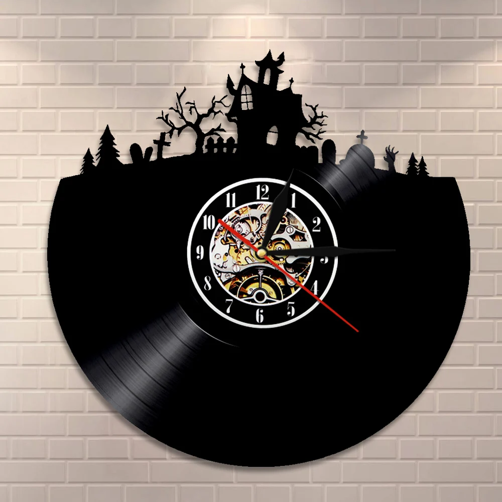 Halloween Haunted House Design Wall Clock Modern Design Vinyl Record Clock Watches Hanging Decorative Unique Gift For Her Him