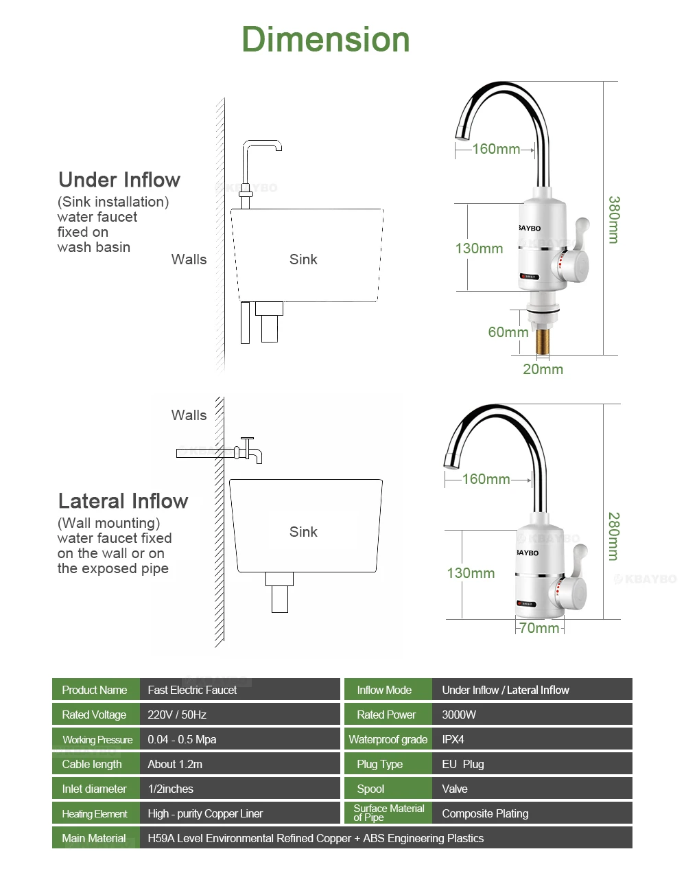 Torneira elétrica instantânea do aquecedor de água 3000w, sem armazenamento, para a torneira da cozinha, água quente, 3 segundos aquecimento