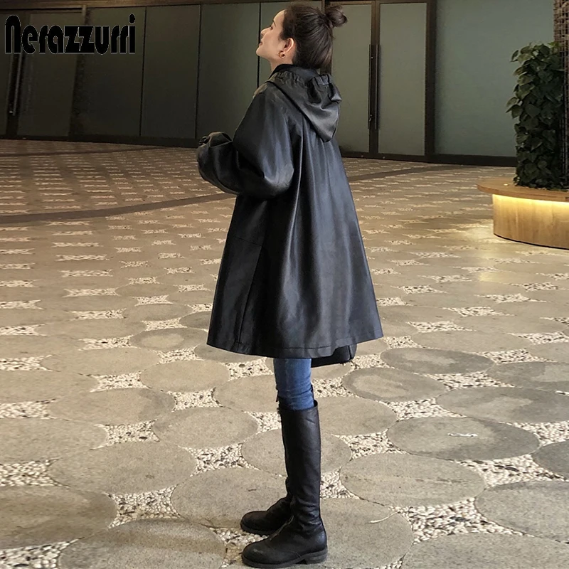 Nerazzurri Autumn Oversized Black Leather Jacket 2021 with Drawstring Hood Long Sleeve Loose Soft Faux Leather Jackets for Women