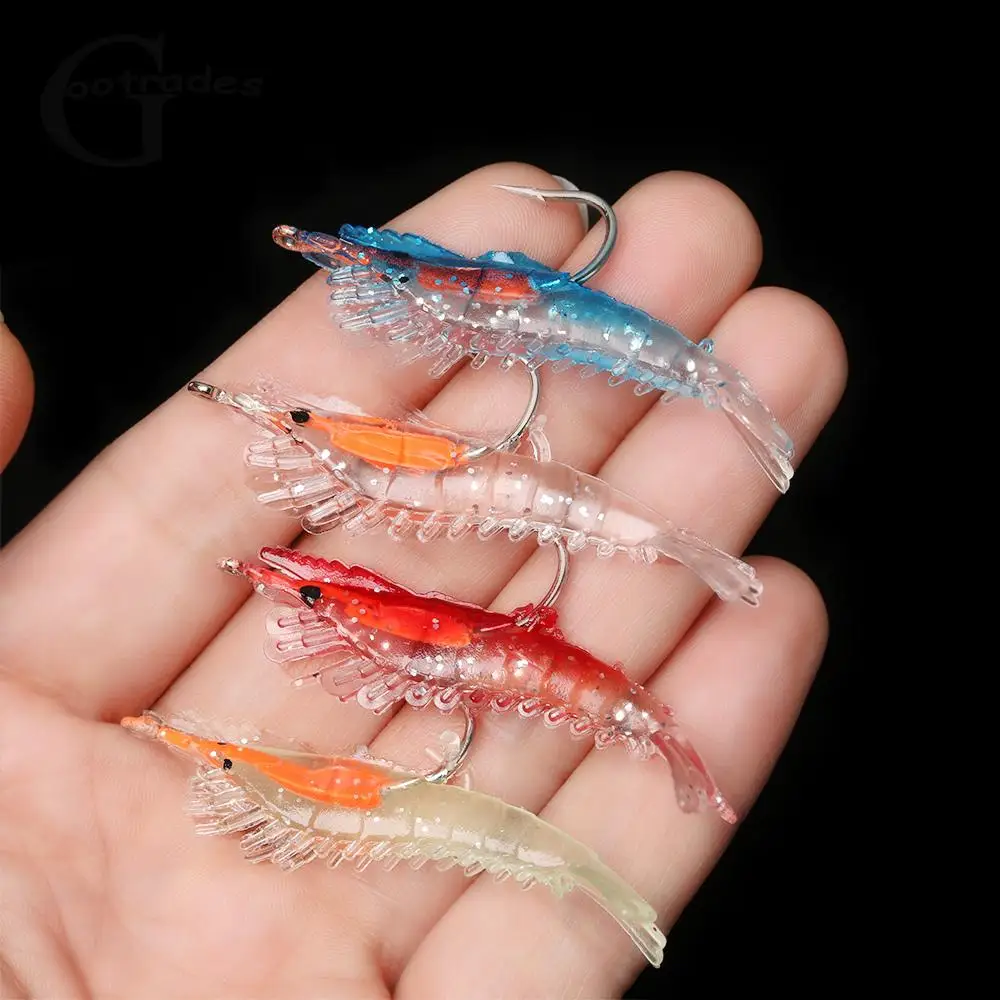 4 PCs Luminous Shrimp Fake Baits Soft Simulation Prawn Lure Fishy Smell Artificial Trout Bait with Single Hook Sea Fishing Tools