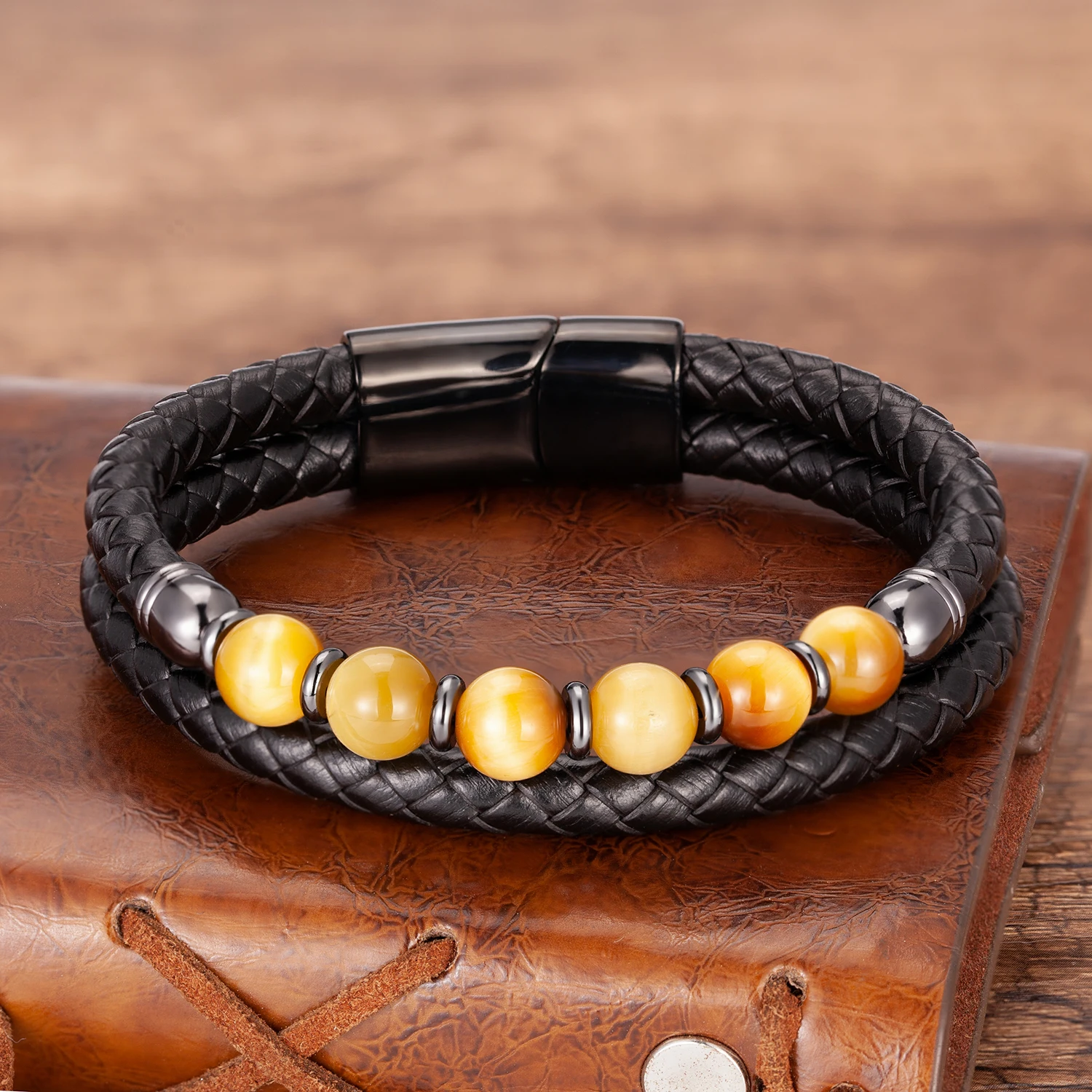 Modischer Herrenschmuck, Charm-Armband mit runden Steinen für Männer, bunte Tigerauge-Perlen, schwarze Lederkette, Armreif, Geschenk für Männer – Detail 11