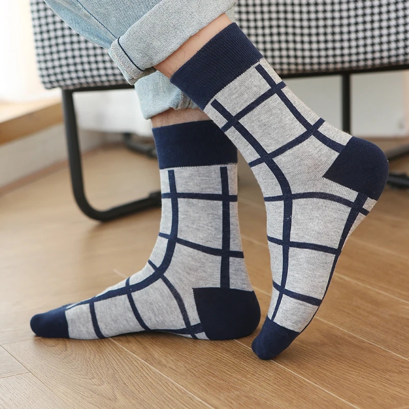 2021 New Men Crew Socks 5 Pair High Quality Cotton Colorfull Checkered Comfortable Casual Socks Male Size38-44