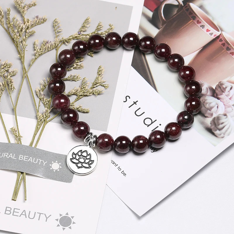 Natural Garnet Stone Wine Red 8mm Beaded Bracelet Men Jewelry Women Bracelets Lucky Energy Jewelry Tree Charm Yoga Gift