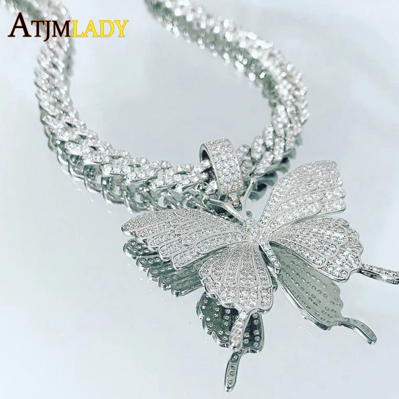 

Iced out Fashion Butterfly Pendant Necklace full paved 5A Cubic Zirconia cuban link chain choker Jewelry for women