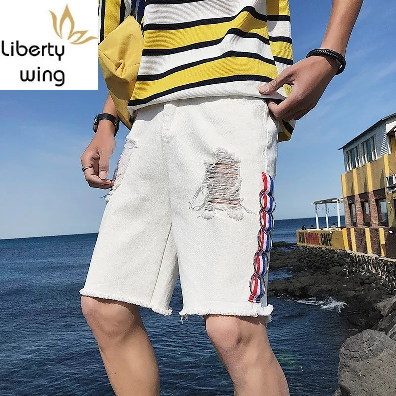 

Plus Size 5XL Jeans Male Summer Korean Fashion Streetwear Distressed Casual Shorts Hole Ripped Slim Knee Length Trouser Man