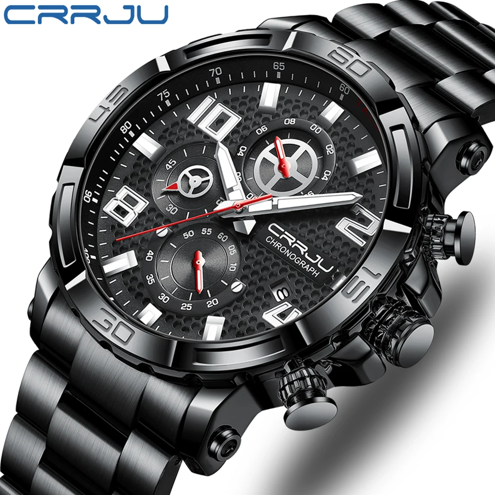 

CRRJU Fashion Sport Mens Watches with 316L Stainless Steel Waterproof Chronograph Quartz Watch for Men, Auto Date Big Dial