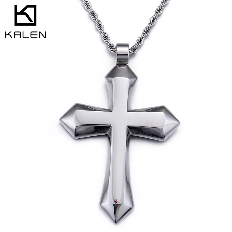 Kalen Heavy Big Shiny Golden Cross Pendant Men\'s Necklace Stainless Steel Punk Jewelry