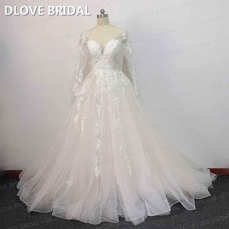 Manga longa uma linha vestido de casamento elegante ilusão vestido de noiva lantejoulas rendas apppliques vestidos fábrica fotos reais