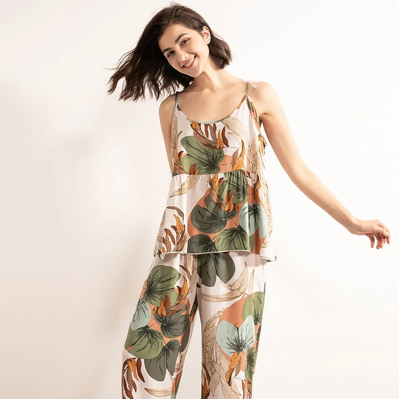 Conjunto de pijamas con estampado de hojas de plátano para mujer, ropa de dormir cómoda, suelta, talla grande, primavera y otoño, nuevo