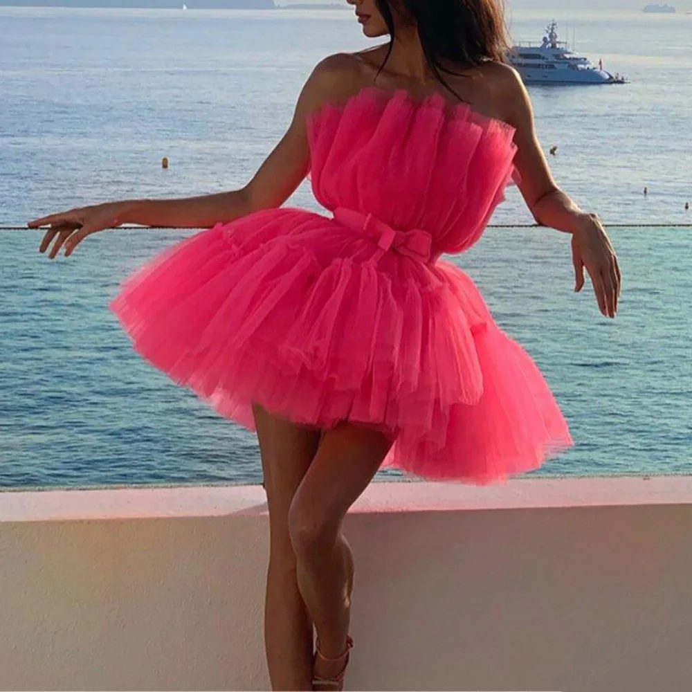 Eightree Nieuwe Hoge Lage Prom Dresses Afneembare Trein Unieke Tiered Formele Prom Party Dress Tulle Avondjurk Roze Party Gown