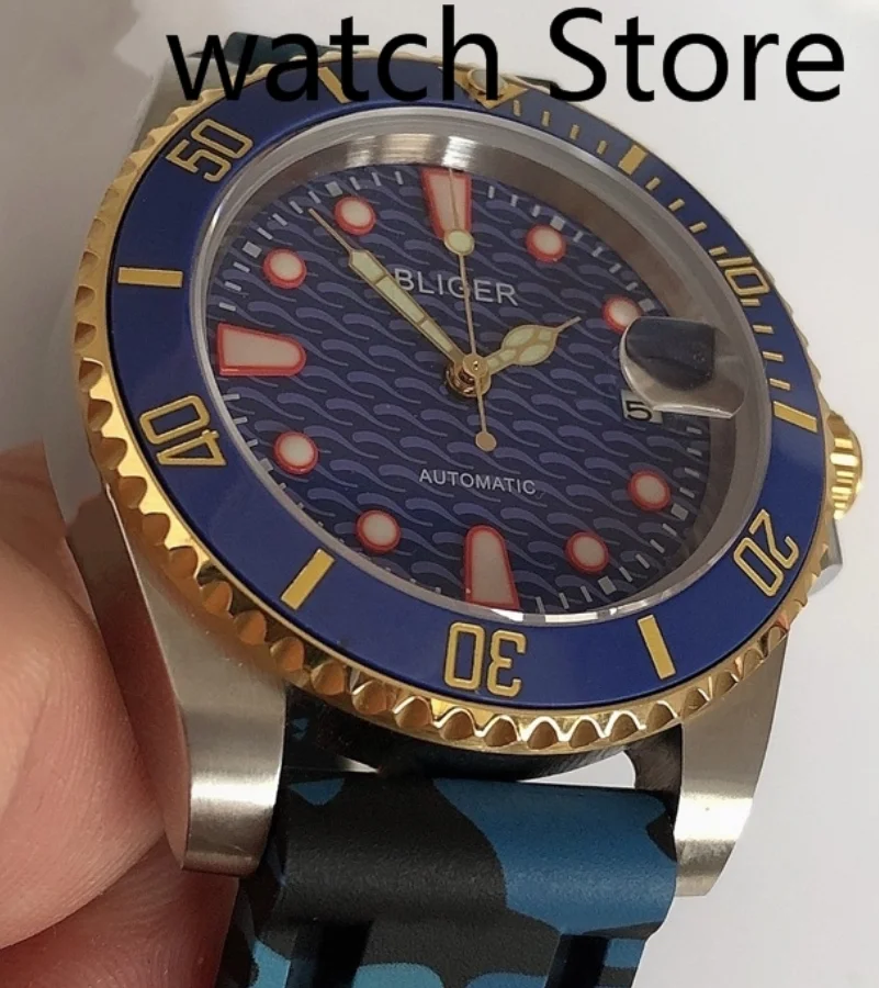 40mm BLIGER Sapphire Glass Ceramic Bezel Multicolor Dial Super Bright  Self-winding Fashion Domineering Menh C3 luminous dial