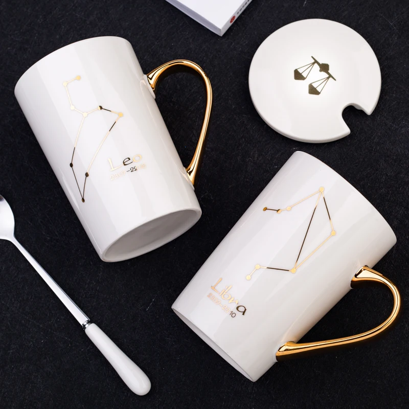 Bone China Mugs with Gold-Painted Handle 12 Constellation Mugs Creative Ceramic Mugs Gift for Friends Taza Office New 420ml