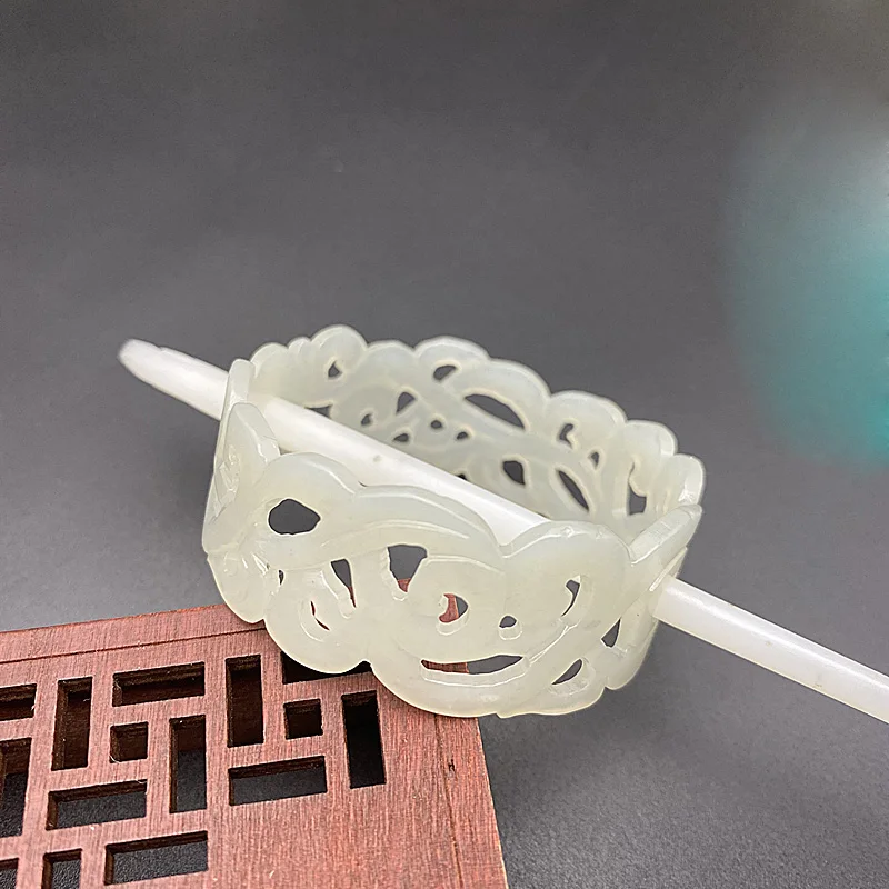 Genuine HeTian White Green Jade Hollow-out Hair Tiara Princess Emperer Court Office Unisexual Hand Carving Headpiece Crown Drama