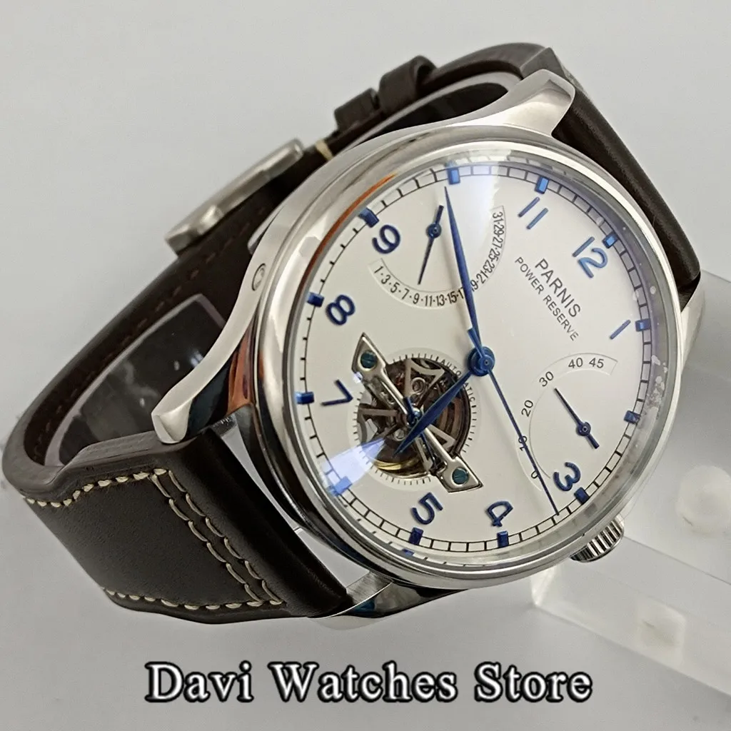 Parnis 43mm Luxury Power Reserve Automatic Men\'s Watch Leather Strap White Dial Mechanical Seagull Movement Relogio Masculino