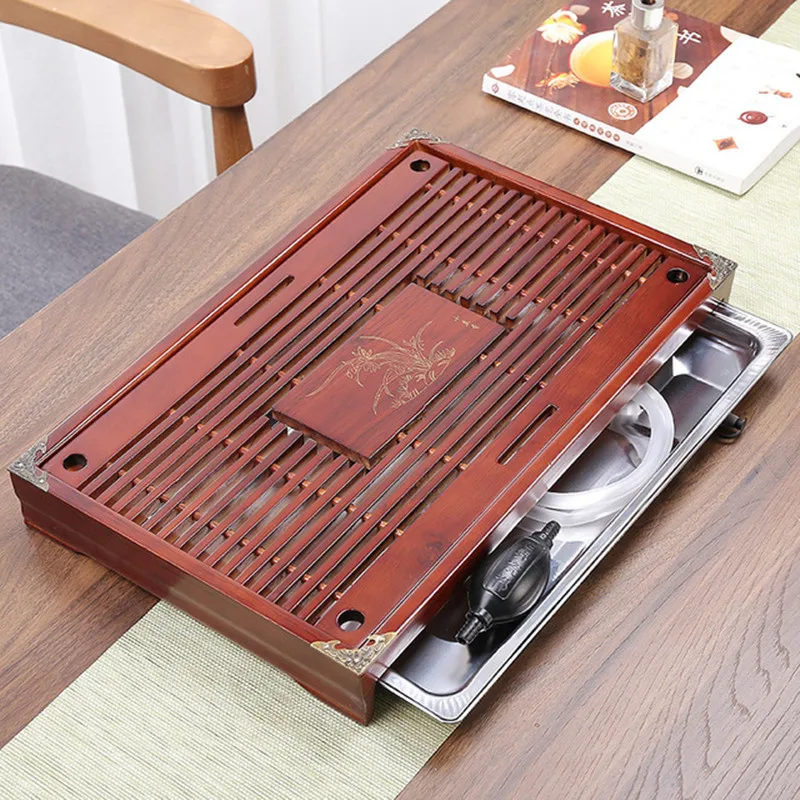 Wooden Tea Tray Kungfu Tea Tray 43X27cm Bottom Steel Tray Chinese Tea Tools