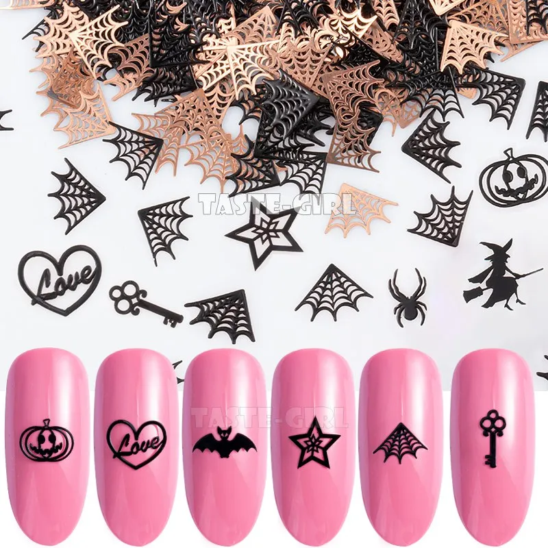 

400PCS/Pack Halloween Pumpkin Face Witch Spider Web Bat Star Metallic Nail Sequins Brone Back Nail Art Slice Decoration Manicure