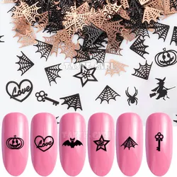 400PCS/Pack Halloween Pumpkin Face Witch Spider Web Bat Star Metallic Nail Sequins Brone Back Nail Art Slice Decoration Manicure