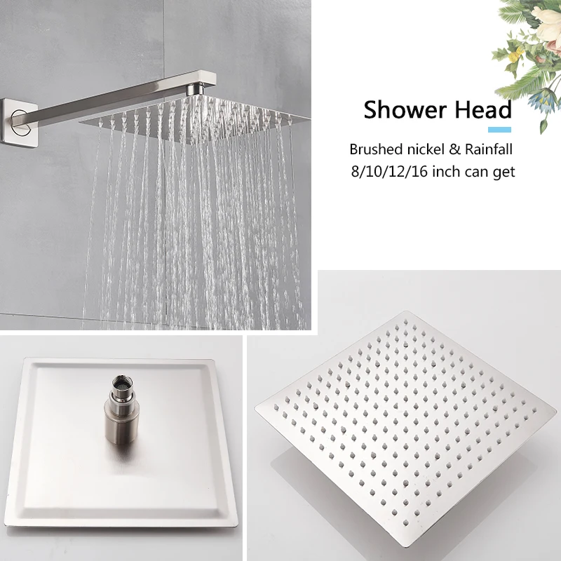 Rozin Wall Mount Rainfall Shower Faucet Brushed Nickel Concealed Bathroom Faucets 16'' Head with Swivel Tub Spout Mixer Tap